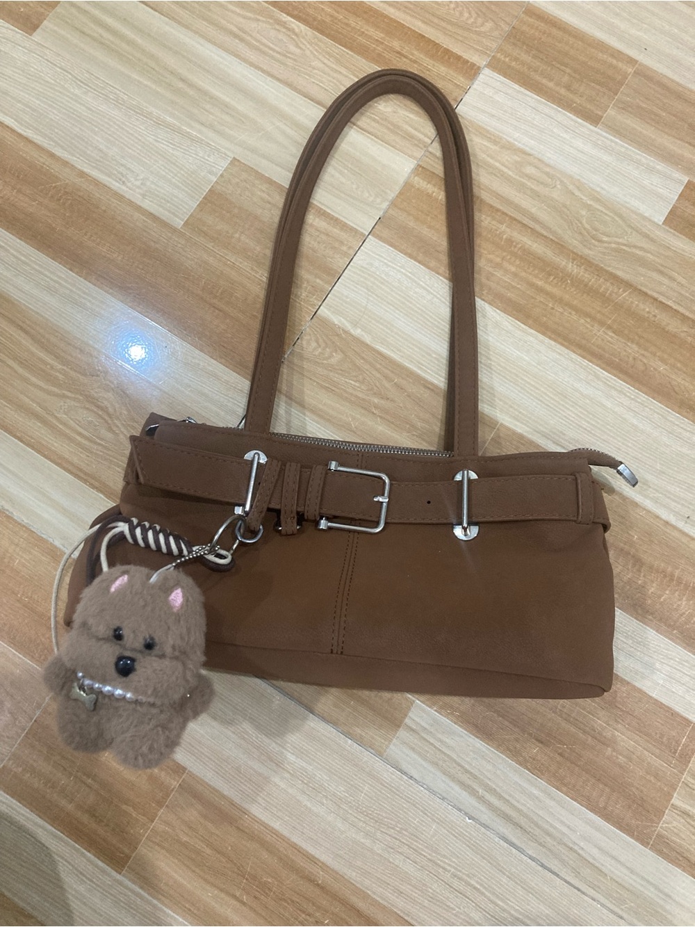 Brown Leatherette Shoulder Bag with Belt Detail